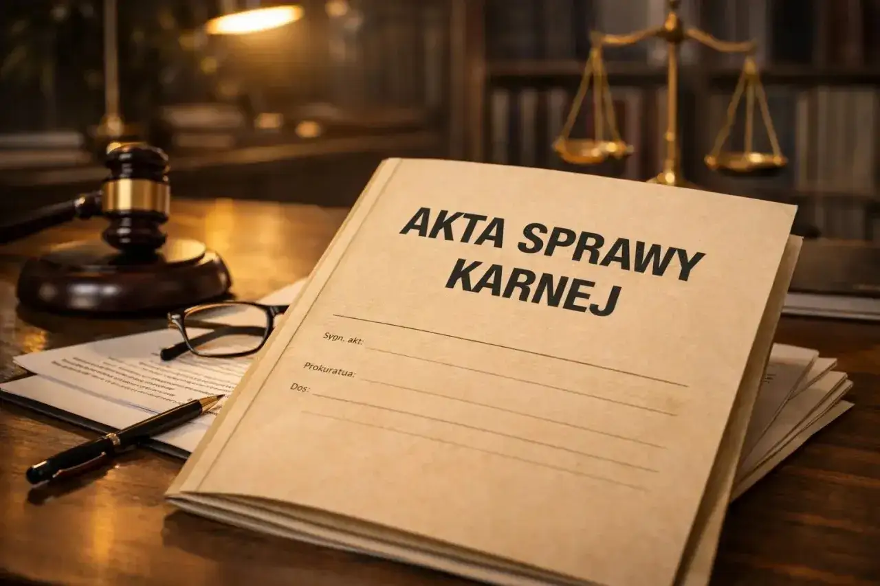 Akta sprawy karnej na biurku prawnika, obok młotka sędziowskiego i okular&oacute;w. Dokumenty sugerują brak znamion czynu zabronionego.