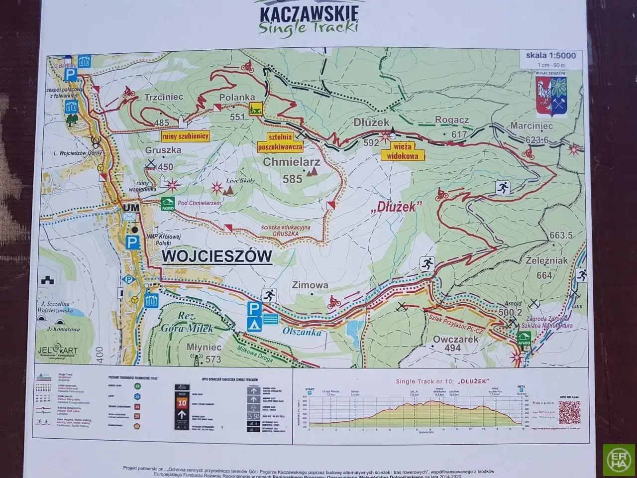 Mapa Kaczawskich Single Tracków w Polsce. Widoczne szlaki rowerowe, punkty widokowe, ruiny i nazwy miejscowości.
