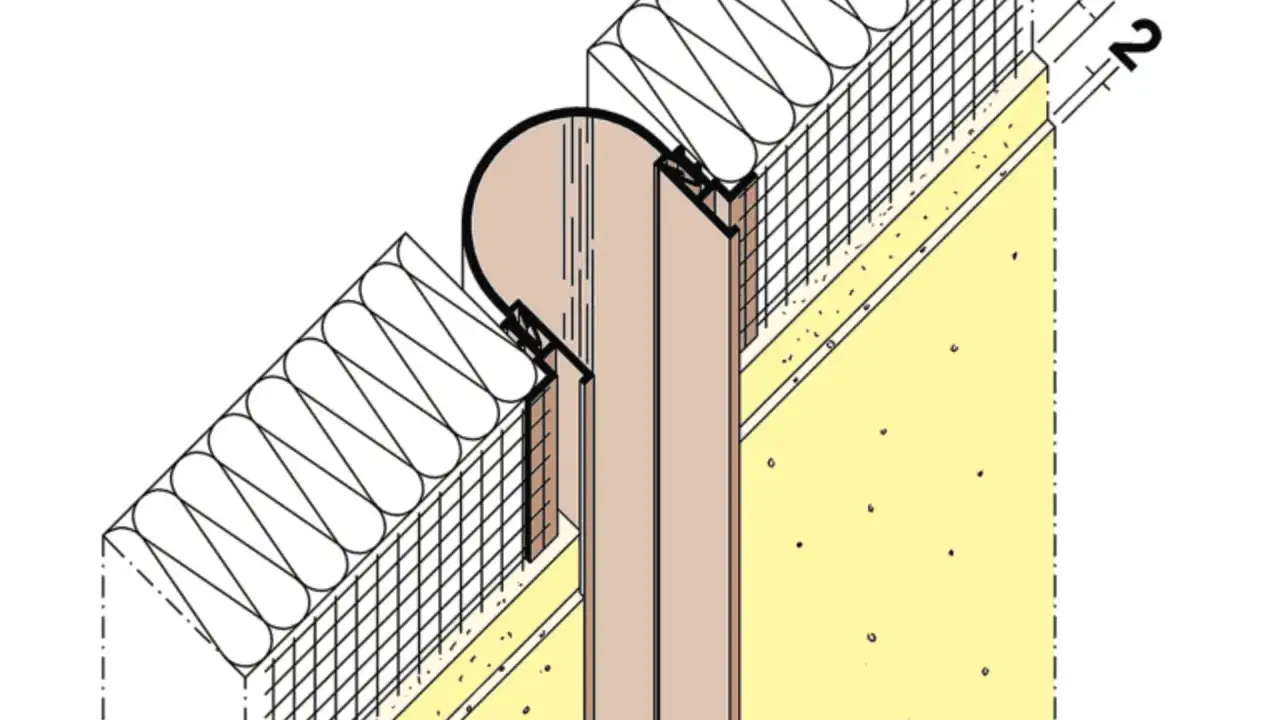 Detalle constructivo de juntas de dilatación en fachadas, mostrando aislamiento, malla y perfilería.
