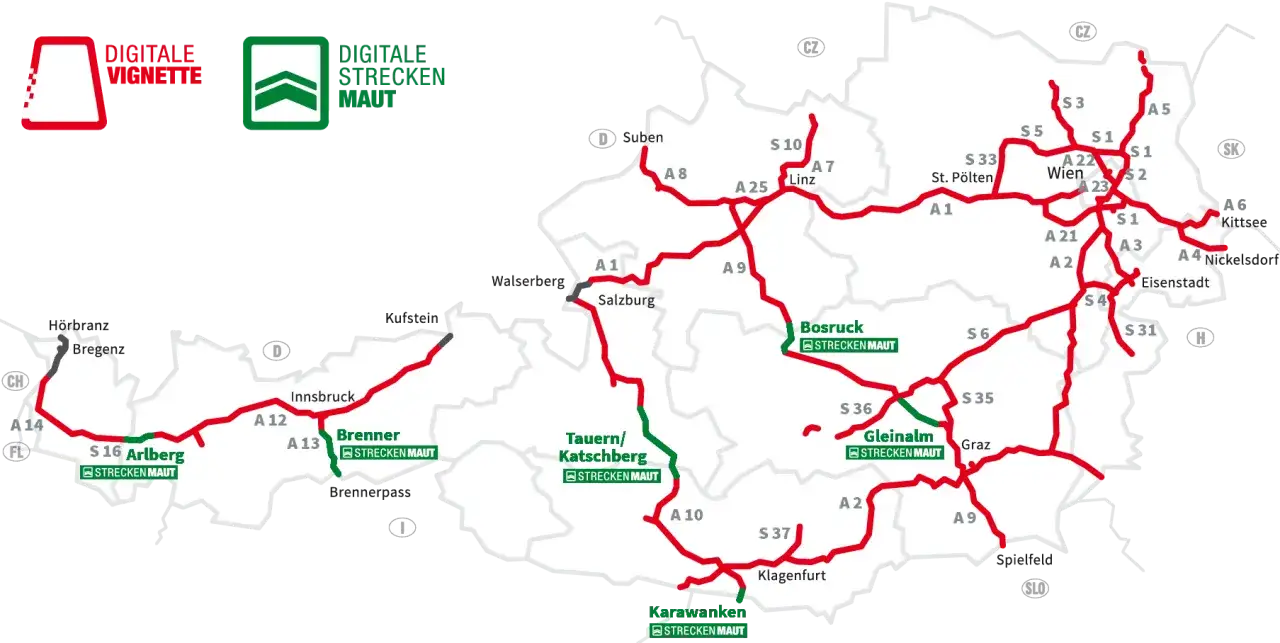 Mapa Austrii z zaznaczonymi drogami płatnymi i tunelami. Zielone odcinki to tunele w Austrii.