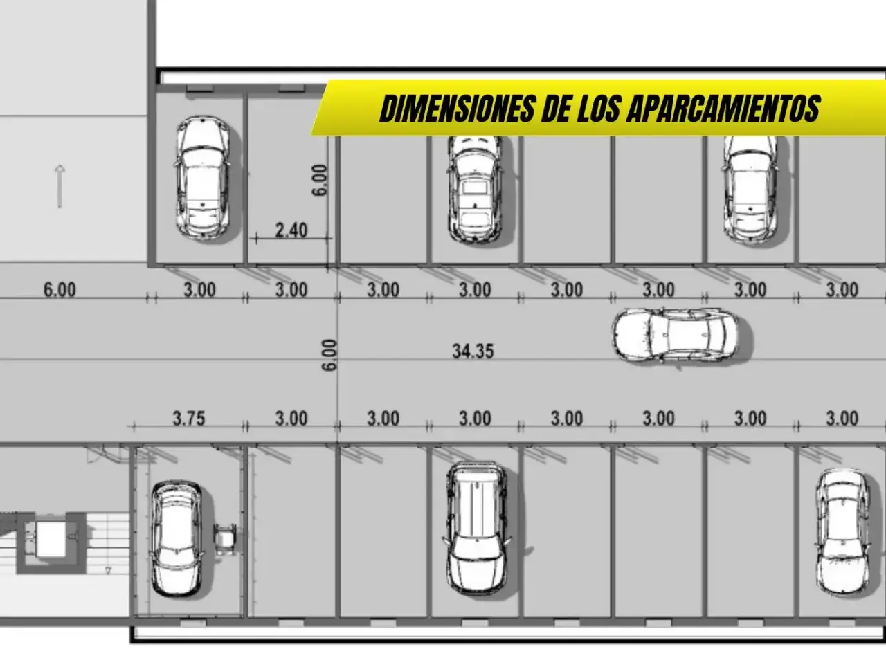 Plano de aparcamiento con coches y medidas. Se indica la anchura coche de 3.00 metros en la mayor&iacute;a de las plazas.
