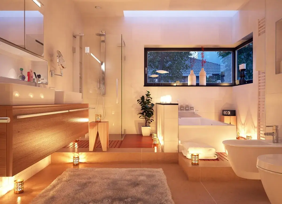 Salle de bain moderne et apaisante, comment &eacute;clairer une salle de bain avec des lumi&egrave;res douces et des bougies pour une ambiance spa.