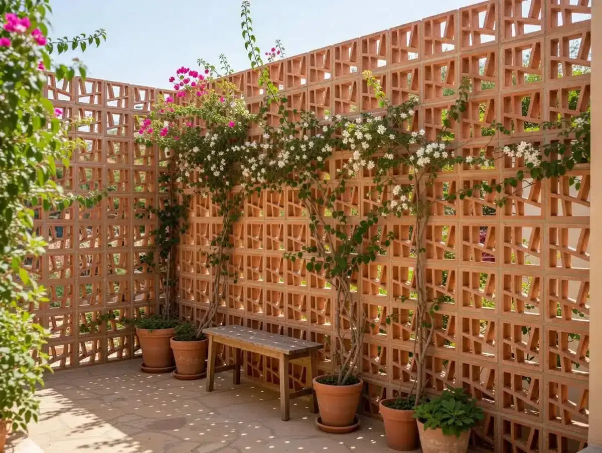 Ideas para decorar pared terraza pequeña: celosía de ladrillo con plantas trepadoras y un banco de madera, creando un rincón acogedor.