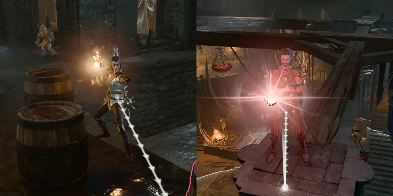 Dwie postacie z Baldur's Gate III rzucają zaklęcia w mrocznych lochach. Jedna z nich, kobieta w zbroi, celuje w małego goblina.