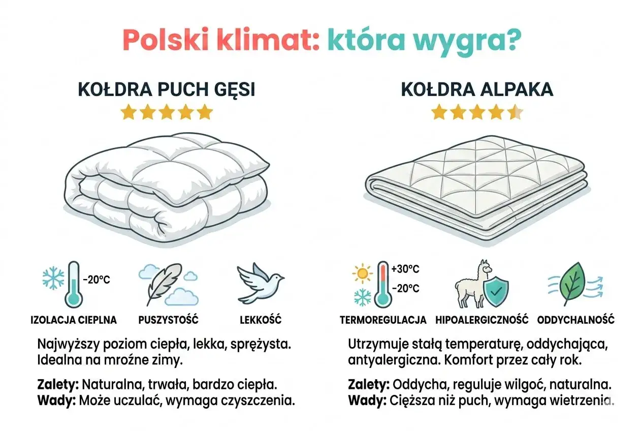 Por&oacute;wnanie kołder: puch gęsi vs alpaka. Dowiedz się, jakie kołdry są najzdrowsze i najlepsze na polski klimat.