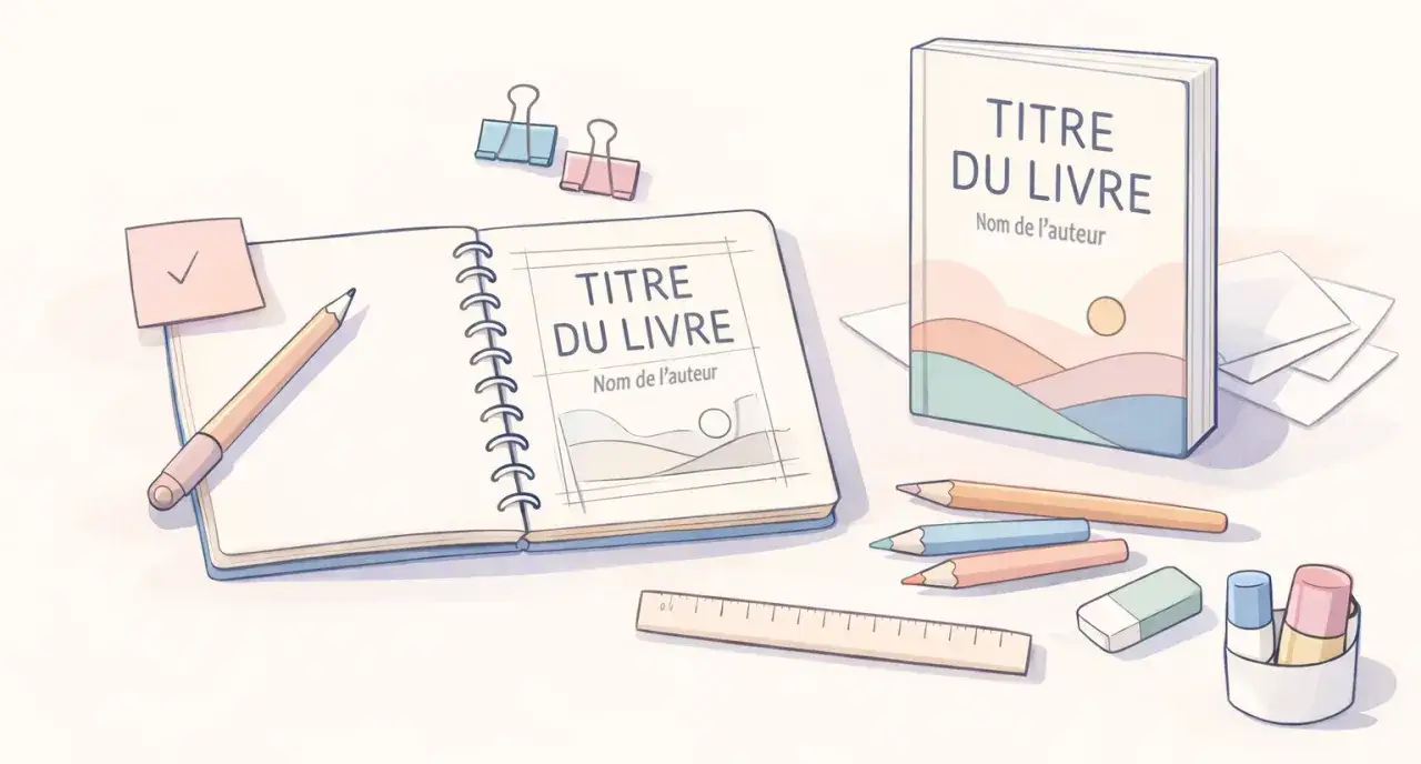 Un carnet ouvert avec un crayon, un livre prêt à être publié, des crayons, une règle et des trombones. L'image évoque le travail créatif d'une maison d'édition.