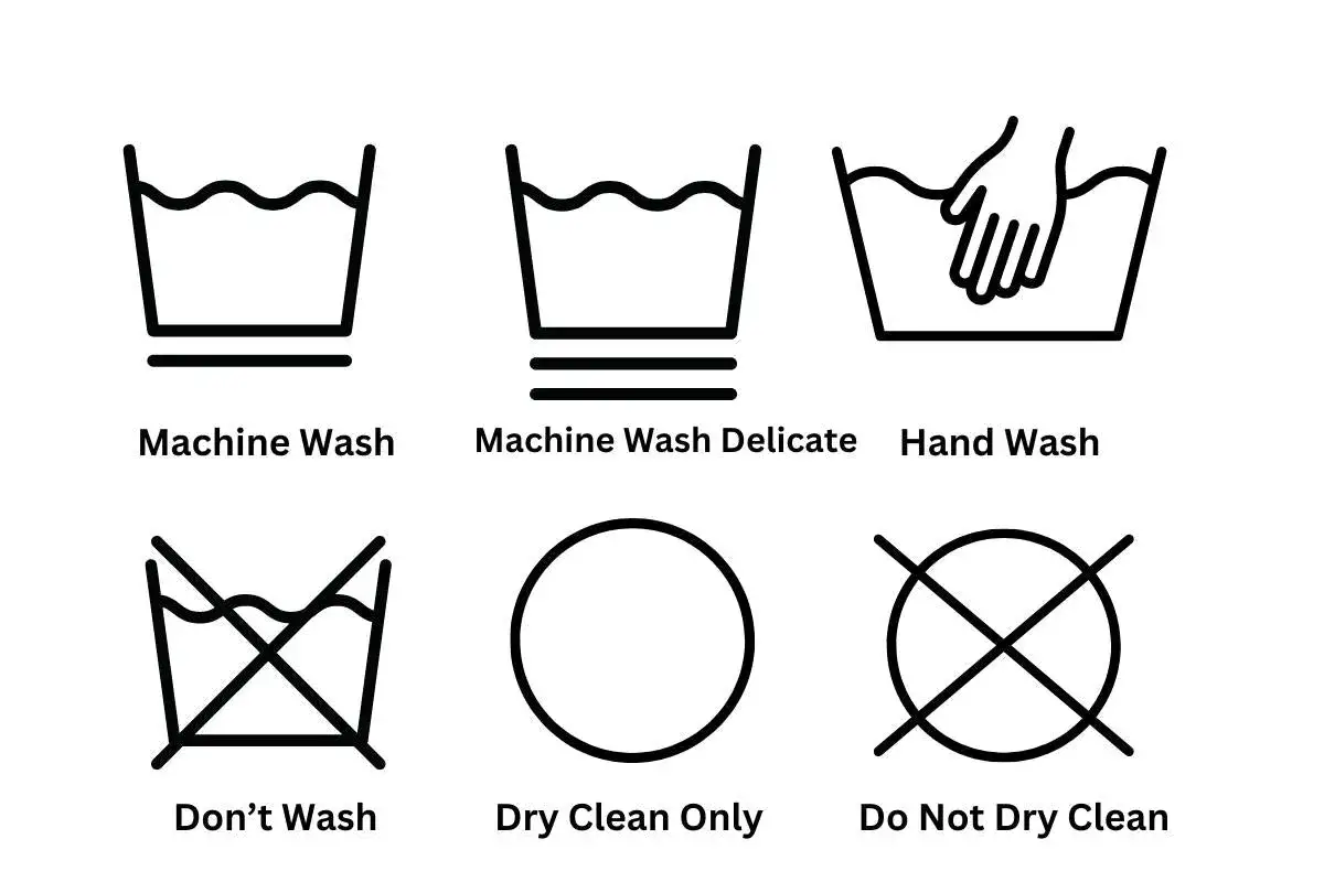 Symbole f&uuml;r die W&auml;schepflege: Maschinenw&auml;sche, Schonwaschgang, Handw&auml;sche, nicht waschen, chemische Reinigung, nicht chemisch reinigen. So wird richtig gewaschen.