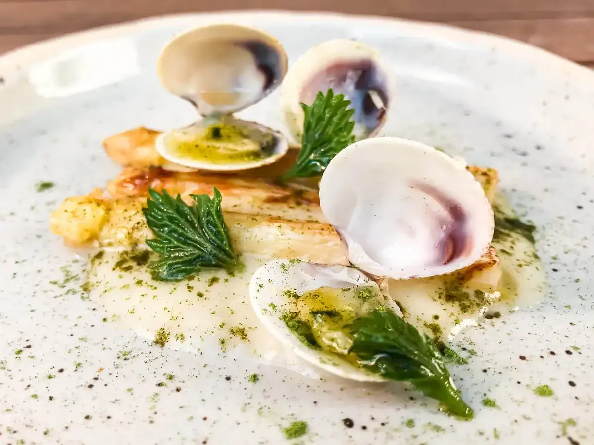 Delizioso piatto con lupini di mare, pesce bianco e erbe aromatiche su una salsa cremosa.