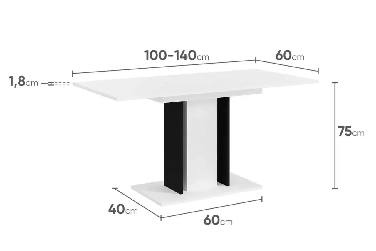 Nowoczesny stół z blatem 100-140 cm, szerokością 60 cm i wysokością 75 cm. Grubość blatu 1,8 cm. Podstawa 40x60 cm.