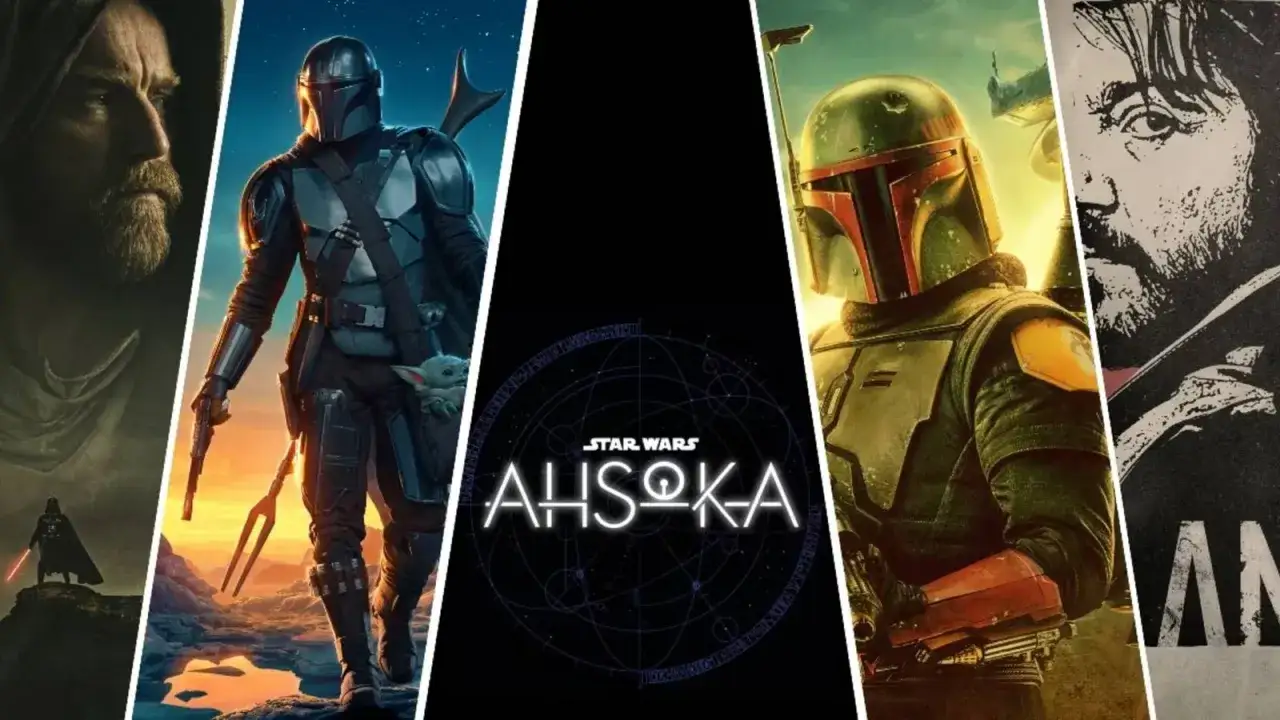 Collage av Star Wars serier: Obi-Wan Kenobi, The Mandalorian med Grogu, Ahsoka-logotypen, Boba Fett och en bild av Luke Skywalker.