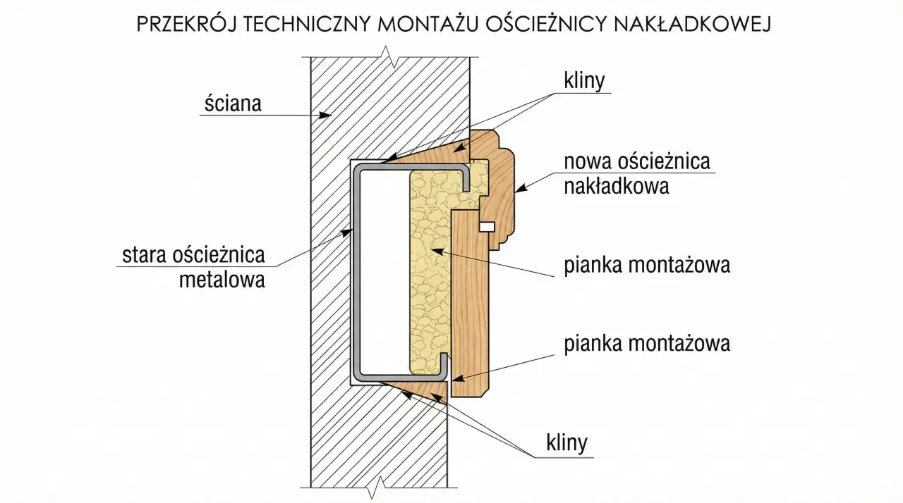 Przekrój montażu nowej ościeżnicy nakładkowej na starą metalową, z użyciem pianki i klinów. Listwy maskujące ościeżnice są kluczowe.