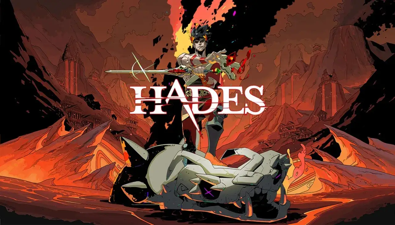 Zagreusz, syn Hadesa, stoi na tle piekielnego krajobrazu z mieczem. Gra Hades dostępna w ramach Game Pass.