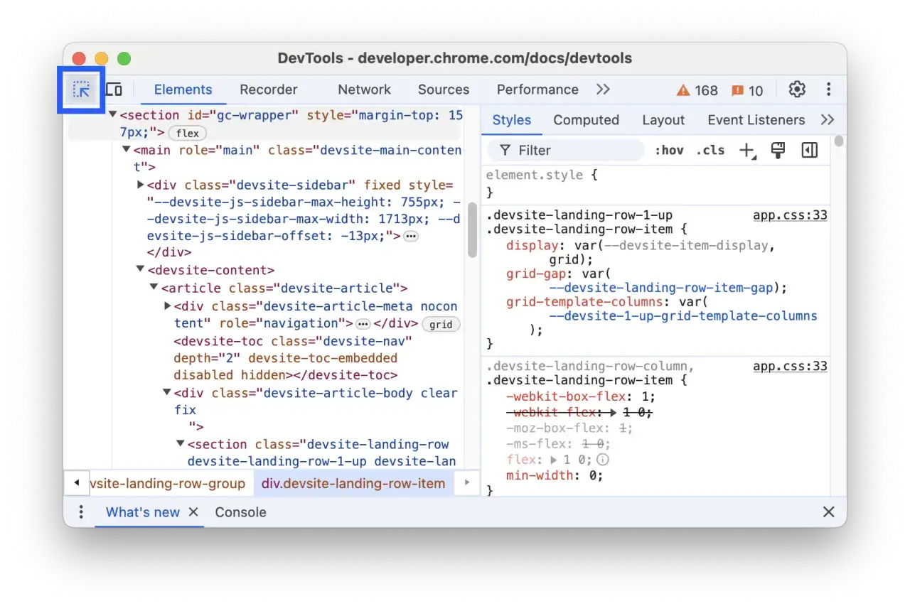 Jak zbadac element? W DevTools widzisz strukturę HTML i style CSS. Kliknij ikonę selektora, by wybrać element na stronie.