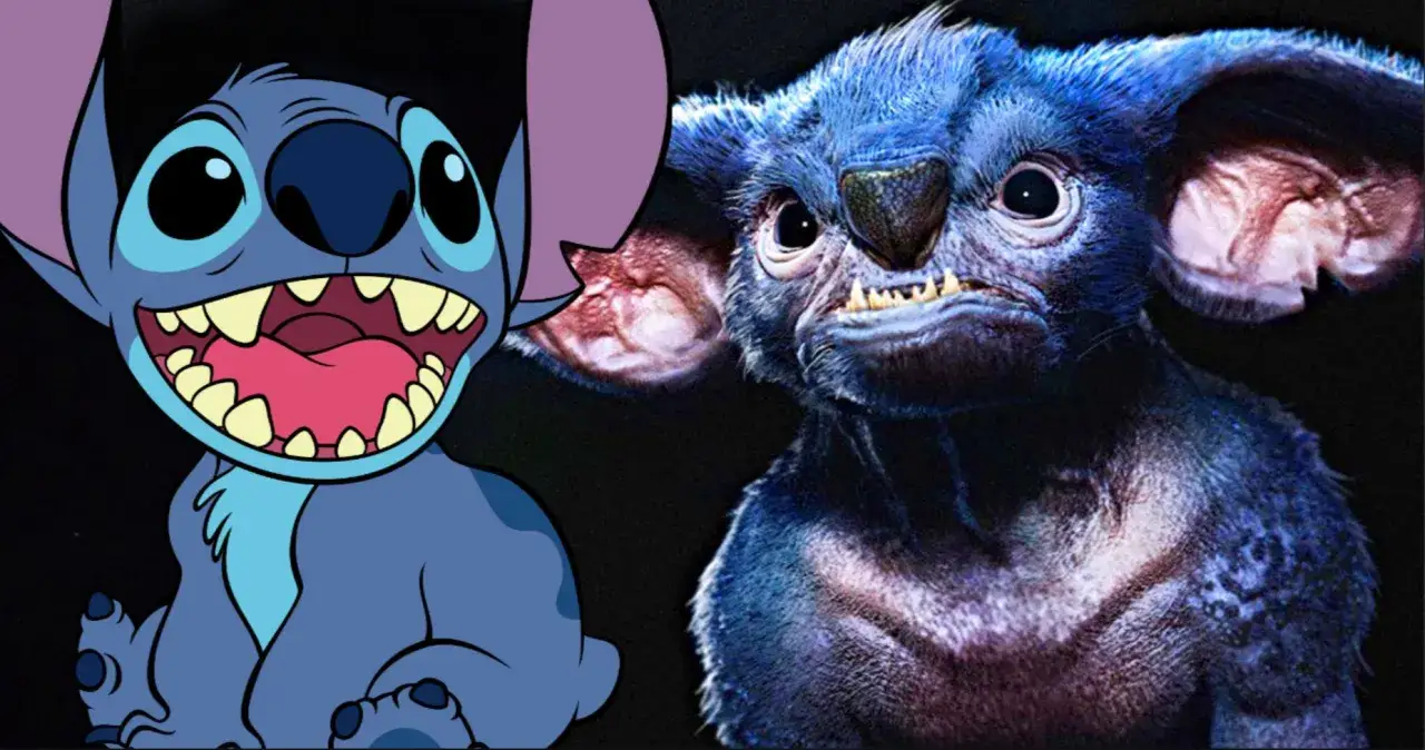 Lilo i Stich obsada: kreskówkowy Stitch obok realistycznej, przerażającej wersji tej postaci.