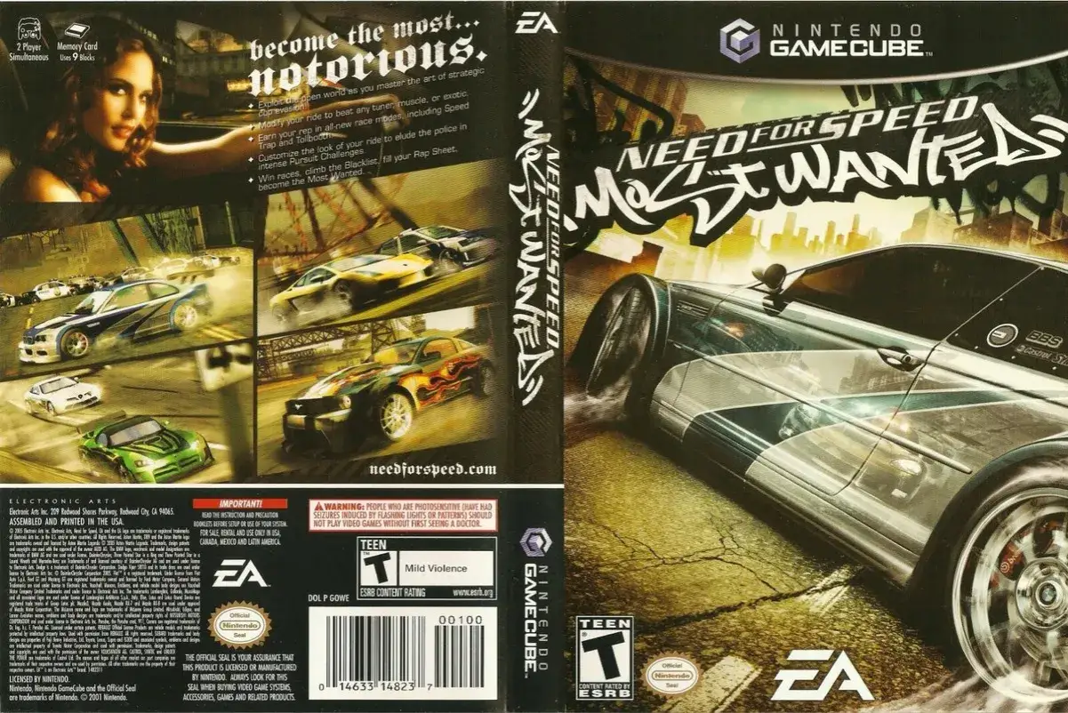 Okładka gry Need for Speed: Most Wanted na Nintendo GameCube. Dynamiczne ujęcia samochodów i kobiety, zapowiedź emocjonujących wyścigów z serii Need for Speed wszystkie części.