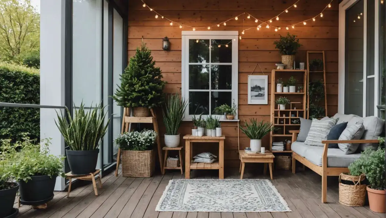 Ambiance chaleureuse sur une petite veranda : deco cosy avec plantes vertes, guirlandes lumineuses et mobilier en bois.
