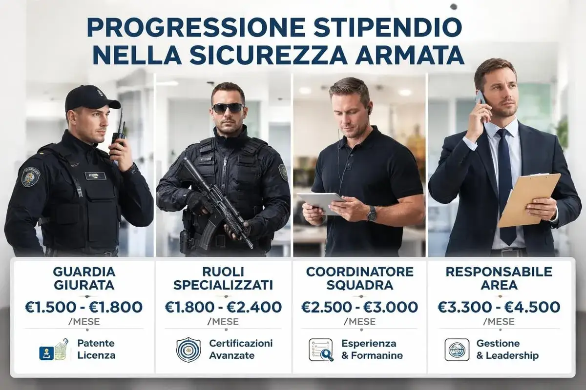 Scopri quanto guadagna una guardia giurata: da &euro;1.500 a &euro;1.800 al mese, con progressioni per ruoli specializzati, coordinatori e responsabili d'area.