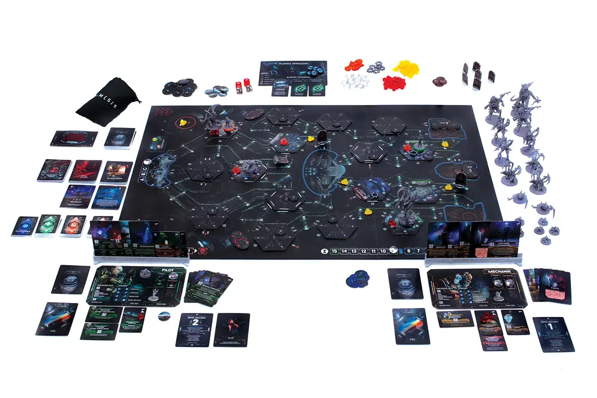 Plansza gry planszowej z figurkami kosmit&oacute;w i żetonami, gotowa do rozgrywki po **nemesis aftermath**.