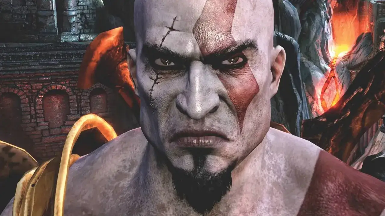 Kratos, bóg wojny, w epickiej greckiej sadze remastered. Jego gniew widać w oczach, gotów do walki.