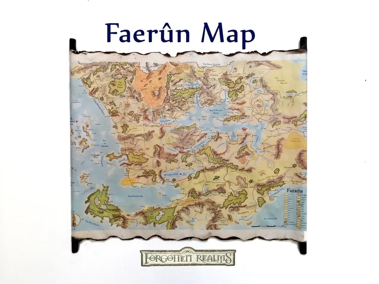 Mapa Faerûn z widocznymi krainami, morzami i szlakami. Widać m.in. Wybrzeże Miecza, Morze Upadłych Gwiazd i Wielkie Morze.