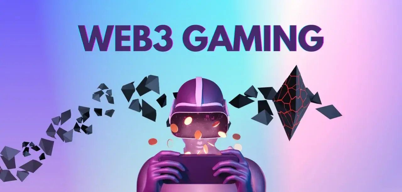 Person mit VR-Brille und Smartphone, umgeben von geometrischen Formen und Münzen. Das Bild symbolisiert die Zukunft des **crypto gaming**.