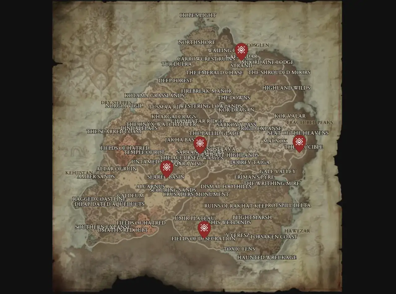 Mapa Sanktuarium z zaznaczonymi lokacjami, w tym miejscami występowania **diablo 4 boss świata**.