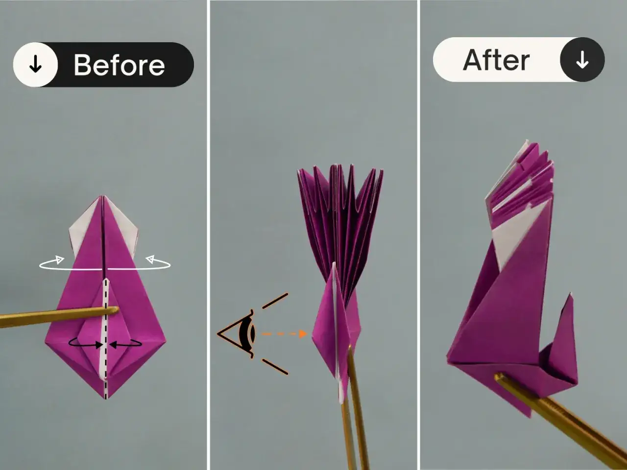 Schritt-für-Schritt-Anleitung zum Falten eines eleganten **Origami Pfau** aus lila Papier.