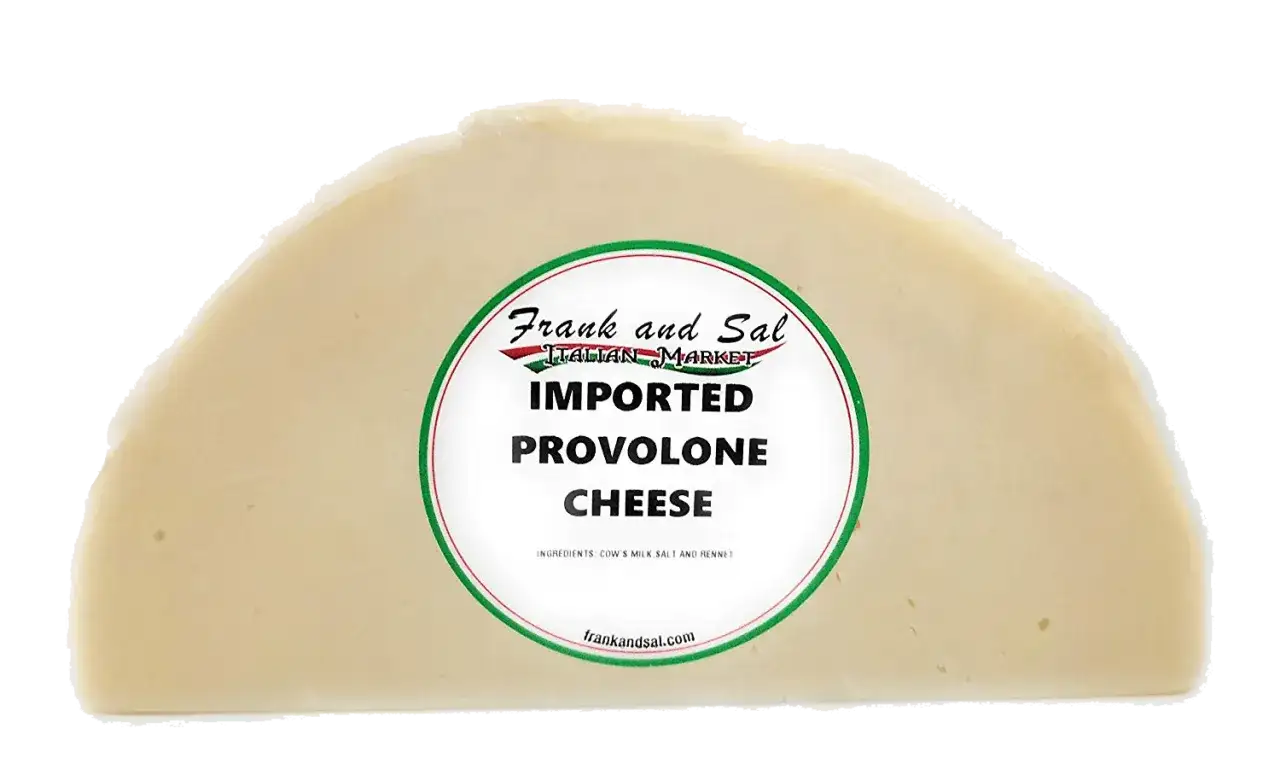 Kawałek importowanego sera provolone z etykietą 