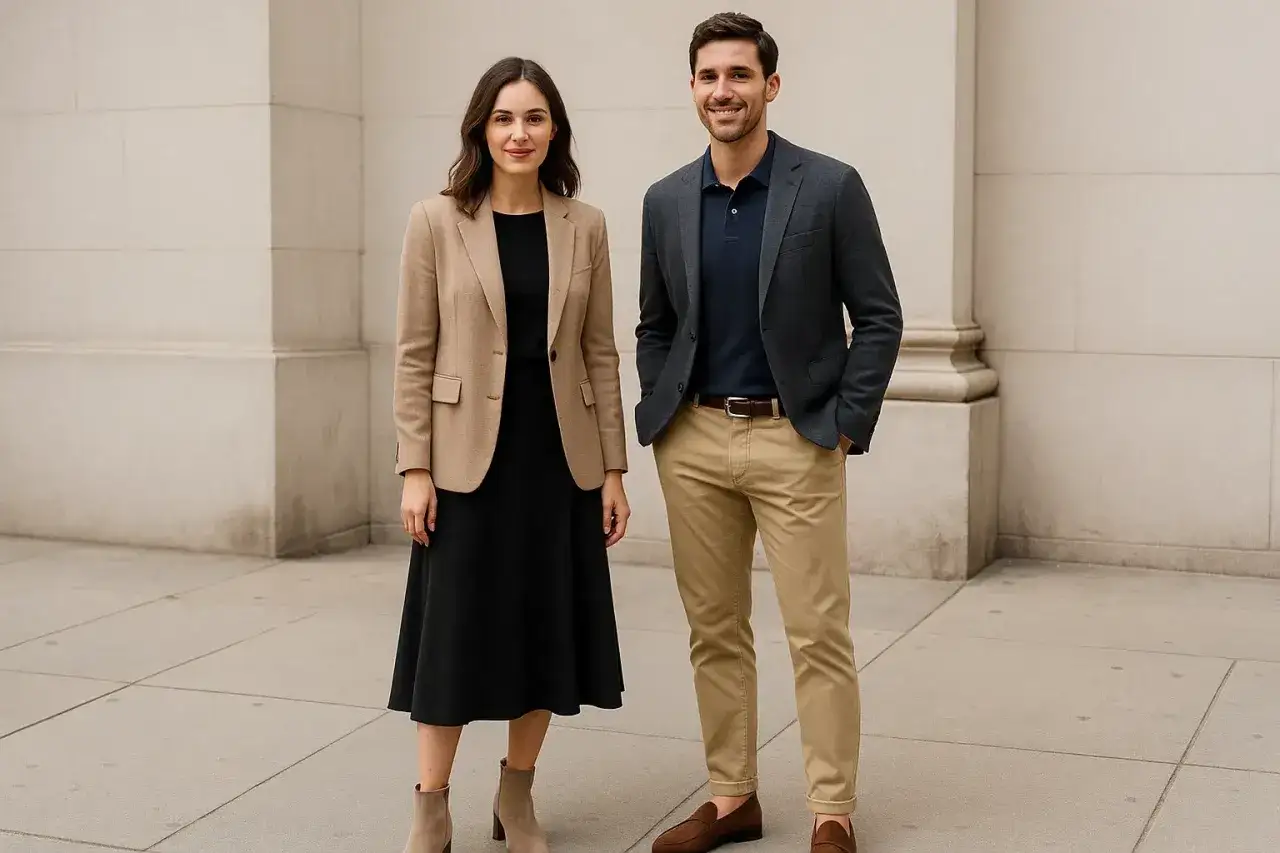 Para prezentuje styl smart casual: kobieta w beżowej marynarce i czarnej sukience, mężczyzna w granatowym polo, szarej marynarce i beżowych spodniach.
