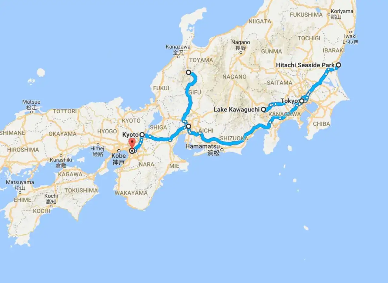 Trasa wycieczki po Japonii: od Kioto, przez Kobe, Jezioro Kawaguczi, aż po Tokio i Hitachi Seaside Park.