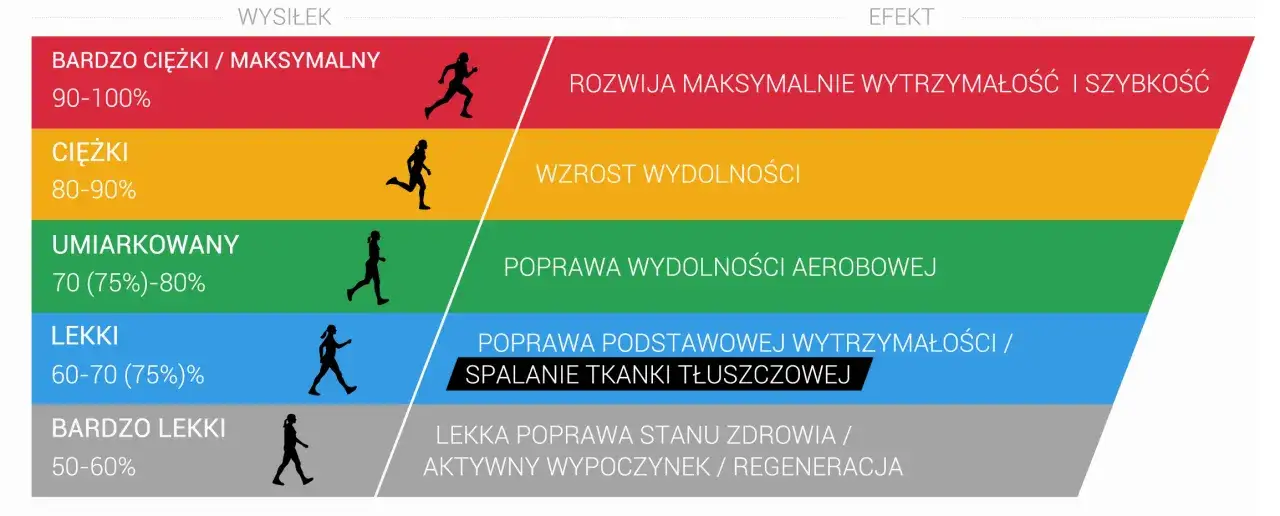 Schemat pokazuje, co to jest trening aerobowy: od lekkiego wysiłku poprawiającego zdrowie po maksymalny, rozwijający wytrzymałość i szybkość.
