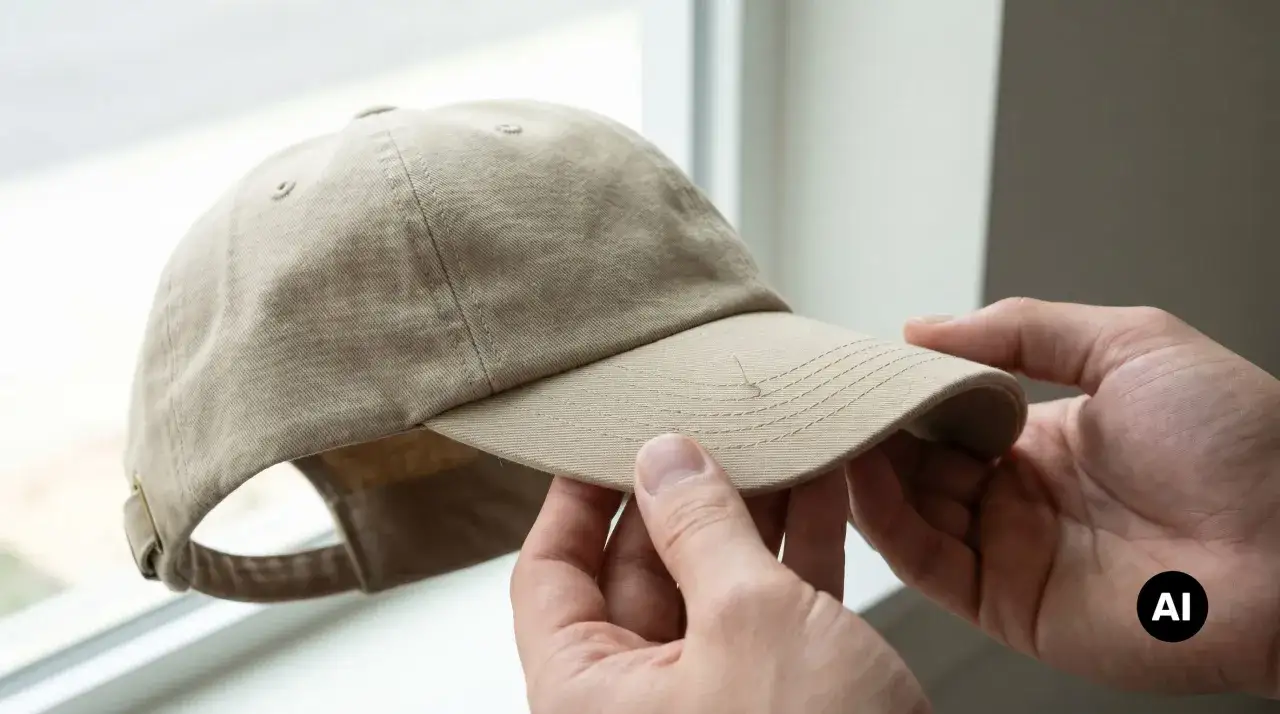 Hände halten eine beige Kappe, um sie zu reinigen. Ein kleiner Faden hängt am Schirm.