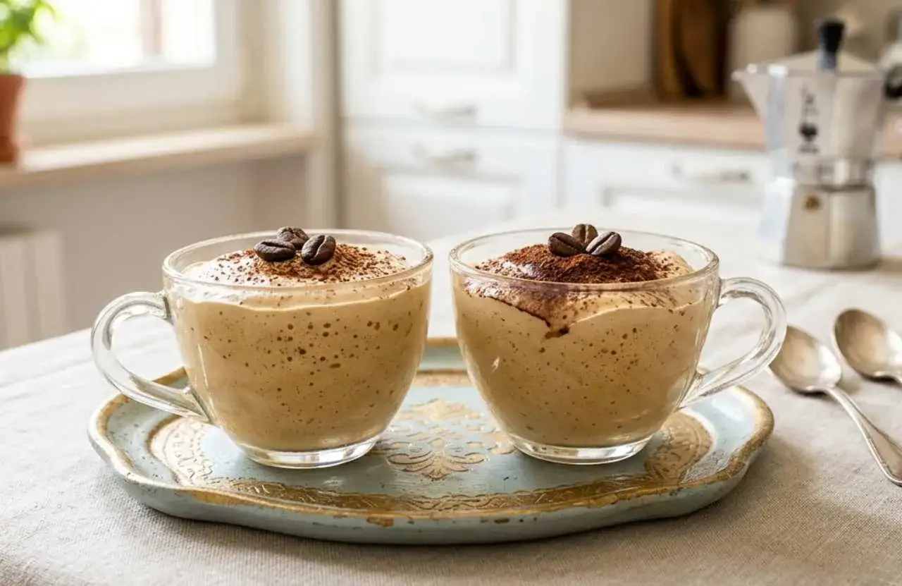 Due coppette di caffè del nonno, cremose e spolverate di cacao, decorate con chicchi di caffè.