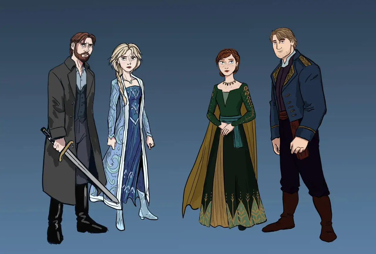 Postacie z Krainy Lodu 3: Elsa w niebieskiej sukni, Anna w zielonej, Kristoff w granatowym płaszczu i tajemniczy mężczyzna z mieczem.
