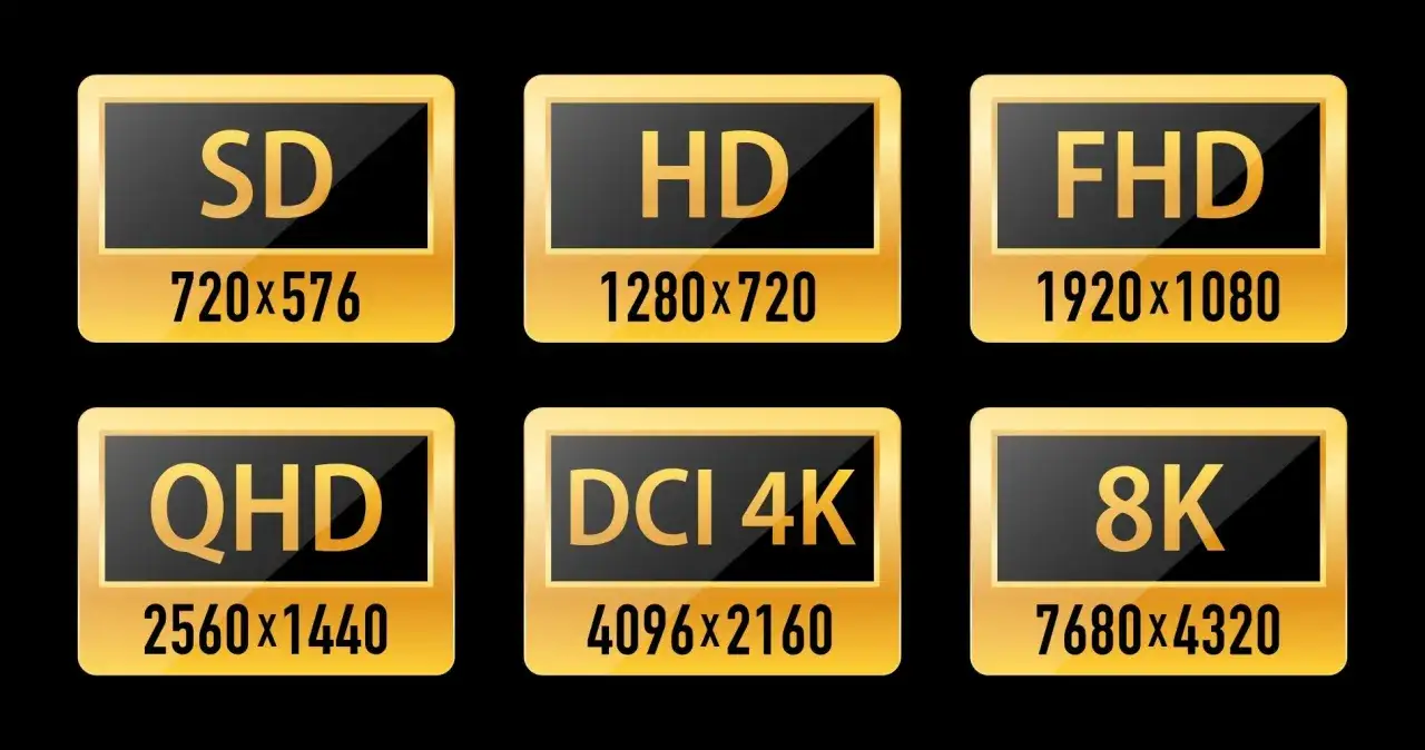 Rozdzielczość 8K to 7680x4320 pikseli. Obraz pokazuje porównanie rozdzielczości: SD, HD, FHD, QHD, DCI 4K i 8K.