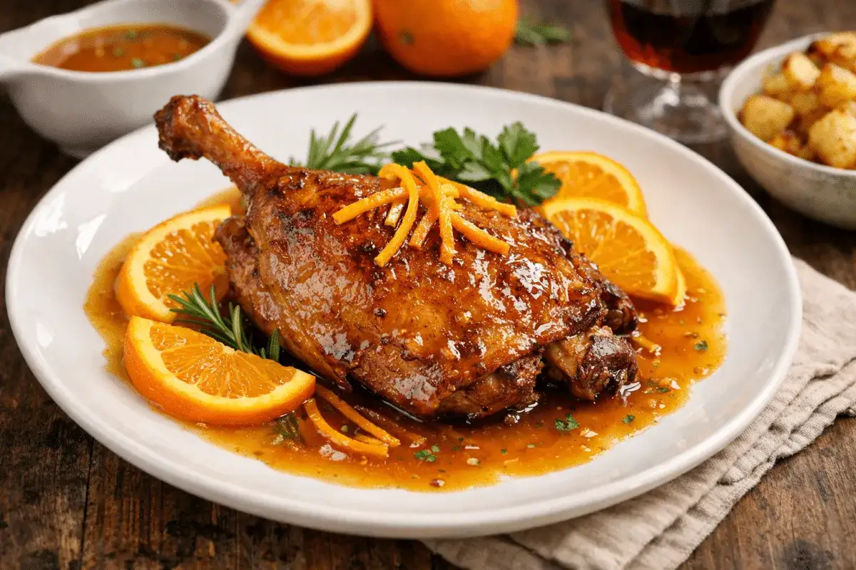 Pechuga de pato a la naranja, glaseada y dorada, servida con rodajas de naranja fresca y romero. Un plato exquisito.