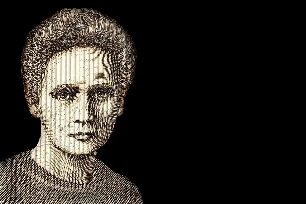 Portret Marii Skłodowskiej-Curie, naukowczyni, która była prawdziwą **szarą eminencją** w świecie nauki, inspirując pokolenia.