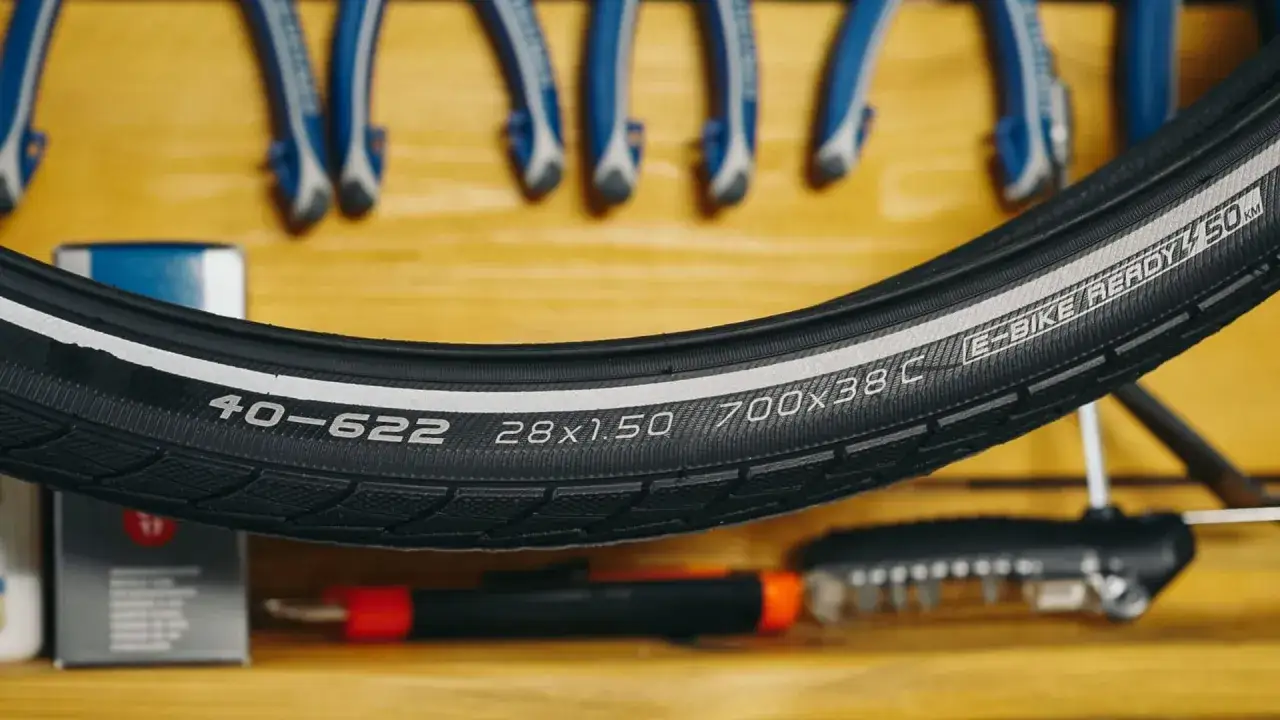Nahaufnahme eines Fahrradreifens mit der Fahrradreifen Bezeichnung 40-622, 28x1.50, 700x38C und E-BIKE READY.