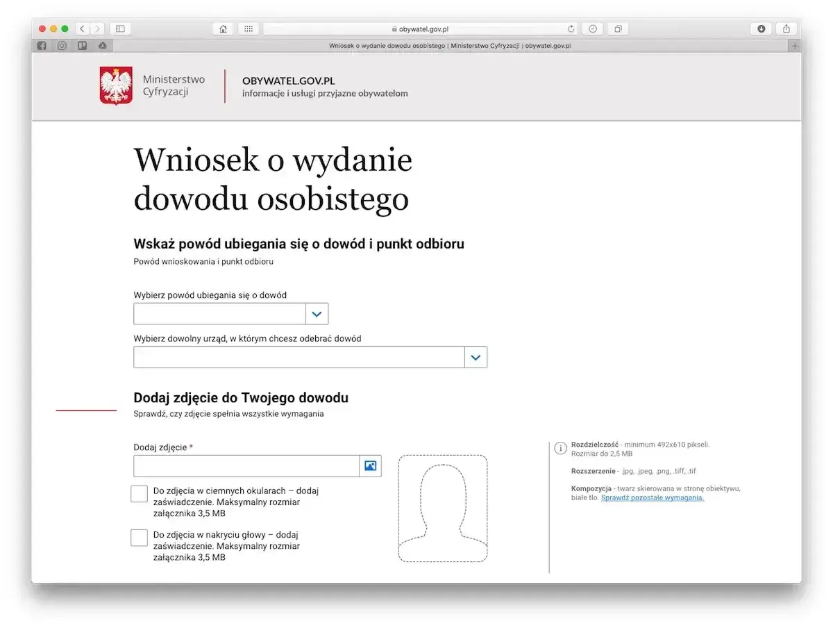 Formularz wniosku o wydanie dowodu osobistego. Wybierz powód ubiegania się o dowód i urząd odbioru, dodaj zdjęcie zgodnie z wymogami.