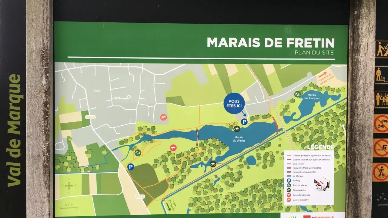 Plan du site des Marais de Fretin. Vous êtes ici, près du Marais du Warlet. Explorez les sentiers et les passerelles.