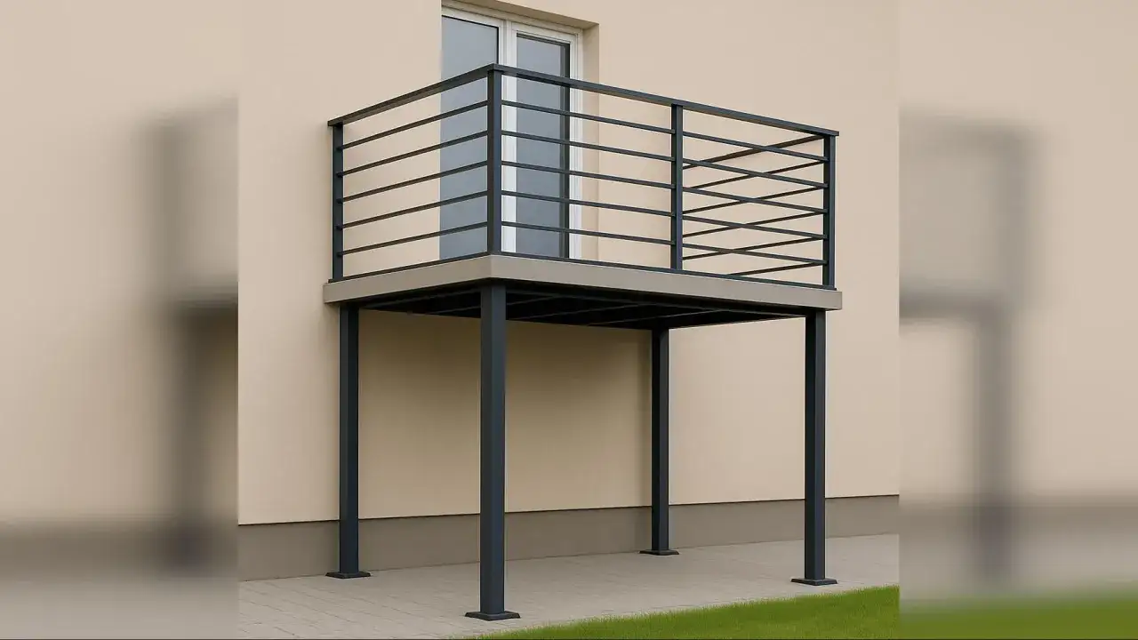 Nowoczesny balkon na czterech słupach, z metalową balustradą. Idealne rozwiązanie, by jak przedłużyć balkon i zyskać dodatkową przestrzeń.