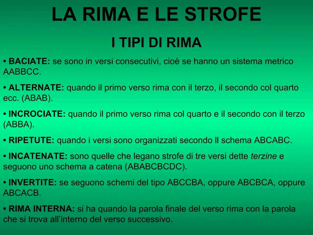 Tipi di rima: baciata (AABBCC), alternata (ABAB), incrociata (ABBA) e altre.