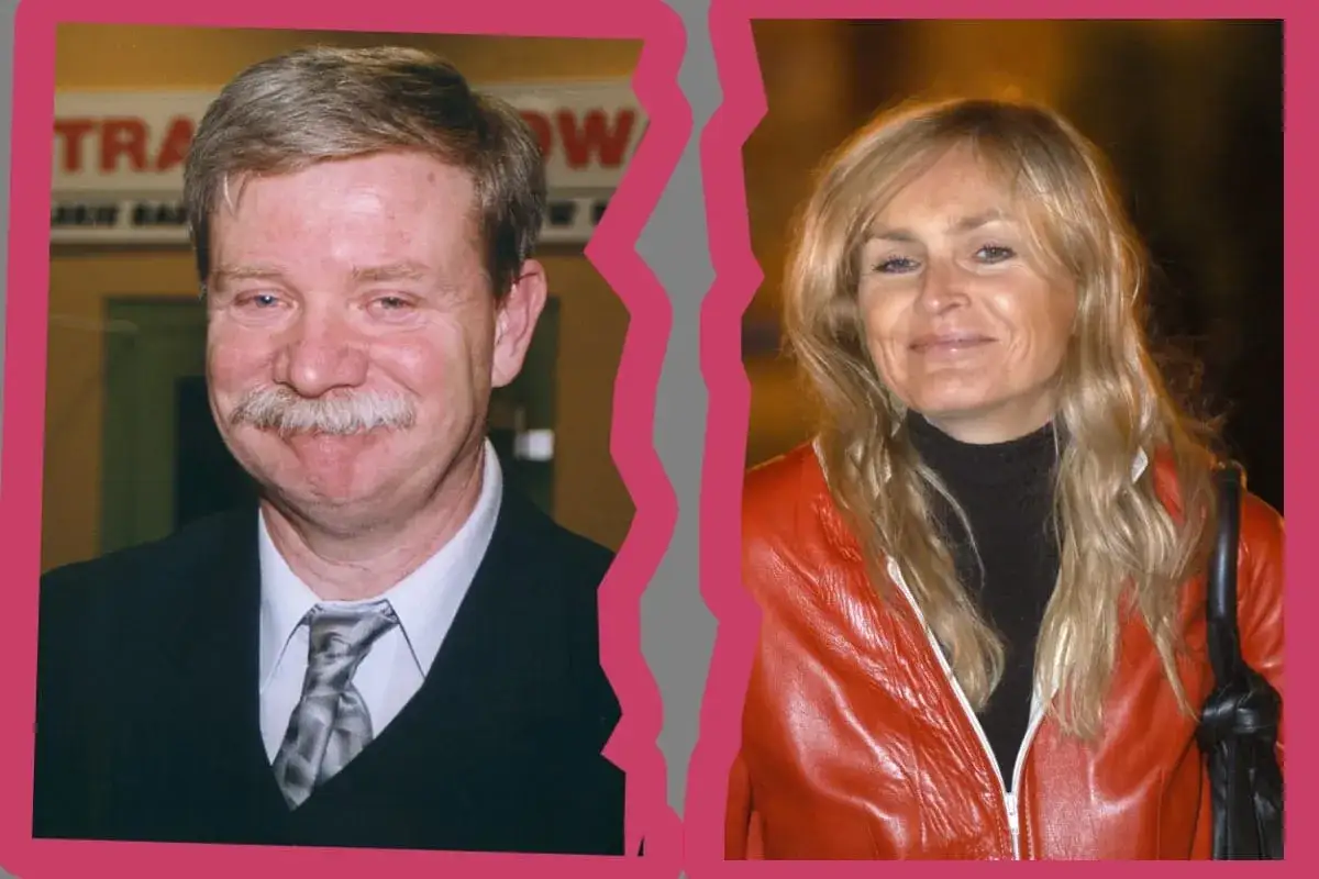 Monika Olejnik i Jerzy Wasowski, znani z ekranu i sceny, rozdzieleni przez różową wstęgę.