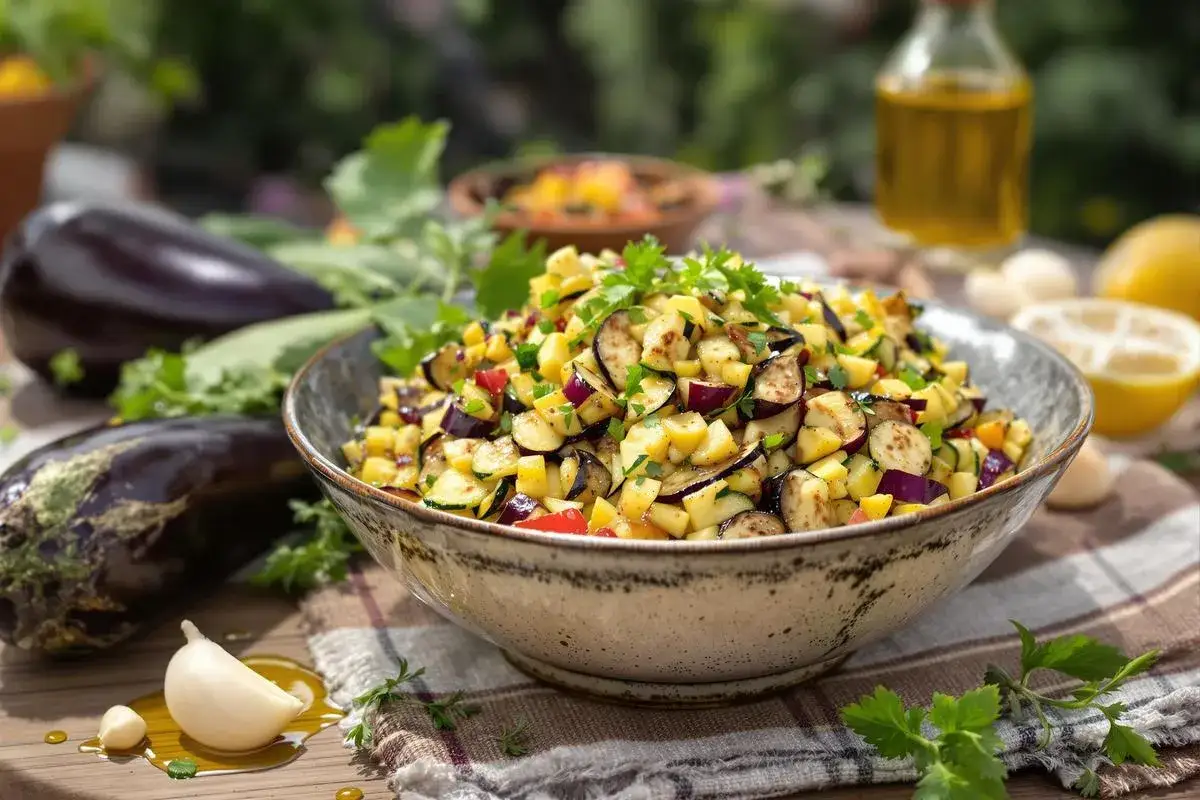 Un délicieux caviar de courgettes, coloré et frais, servi dans un bol rustique. Des aubergines, des courgettes et des poivrons coupés en dés, garni de persil.