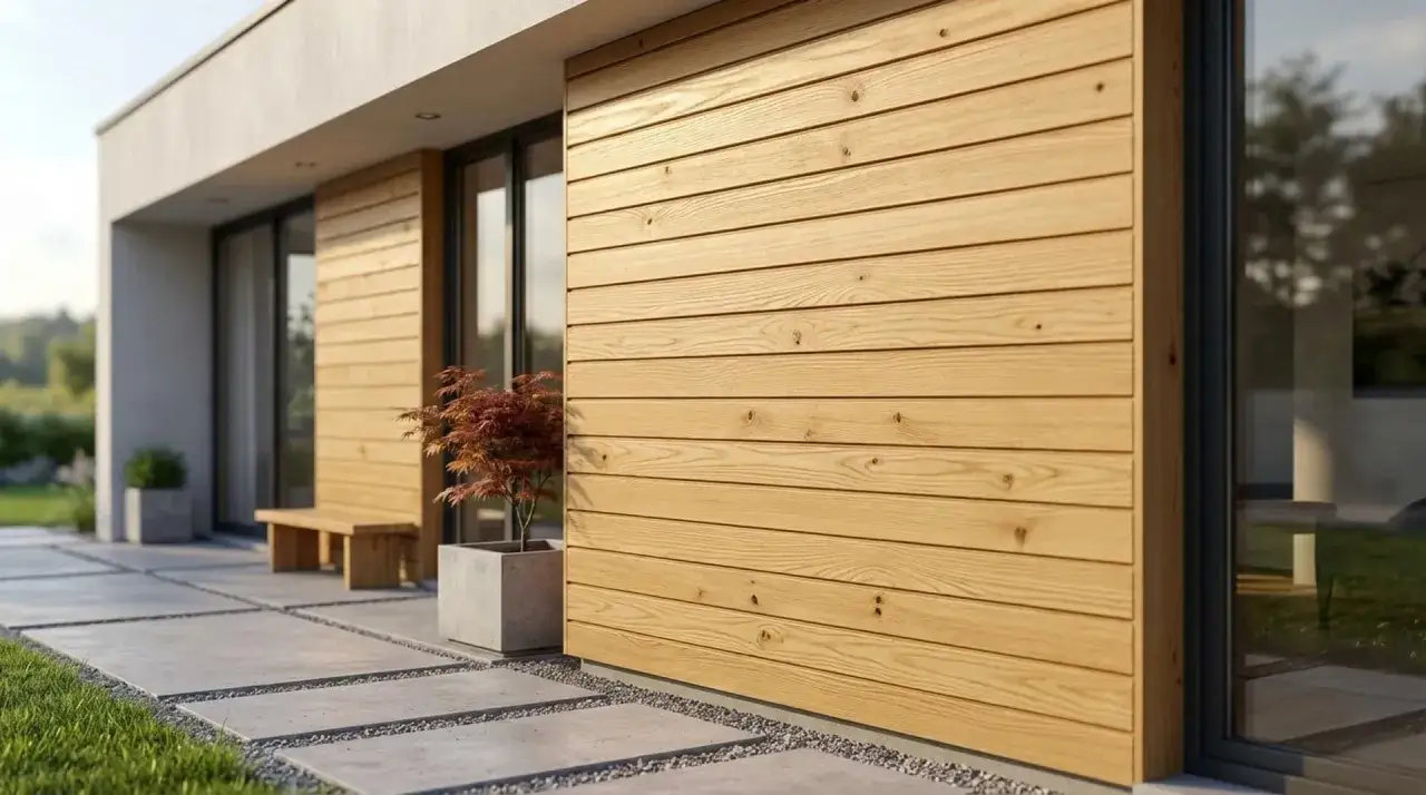 Façade moderne avec bardage en bois clair, rappelant l'acacia bois dur ou tendre, devant une allée en dalles de béton et une plante.