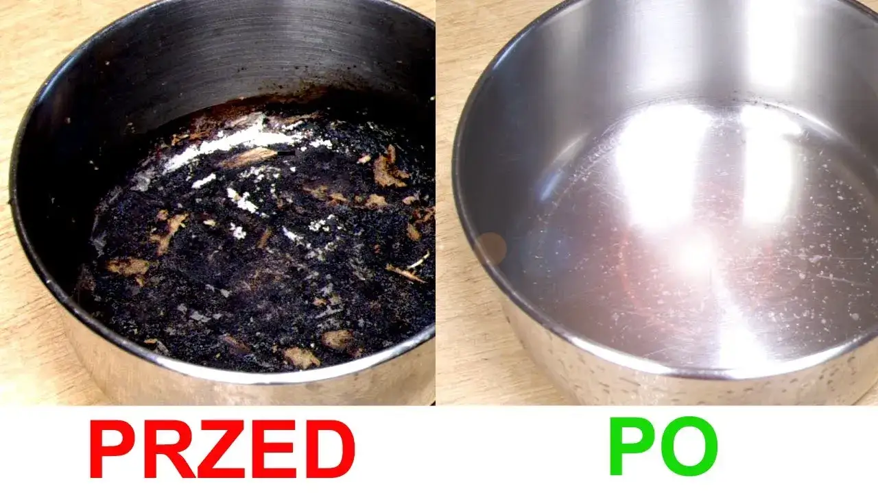przypalony garnek przed i po czyszczeniu
