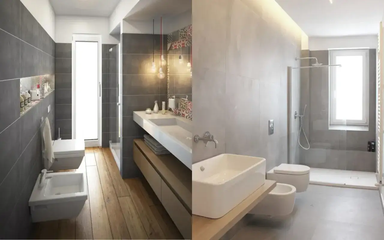 Planimetria di un bagno stretto e lungo con sanitari sospesi, doccia a filo pavimento e lavabo moderno.