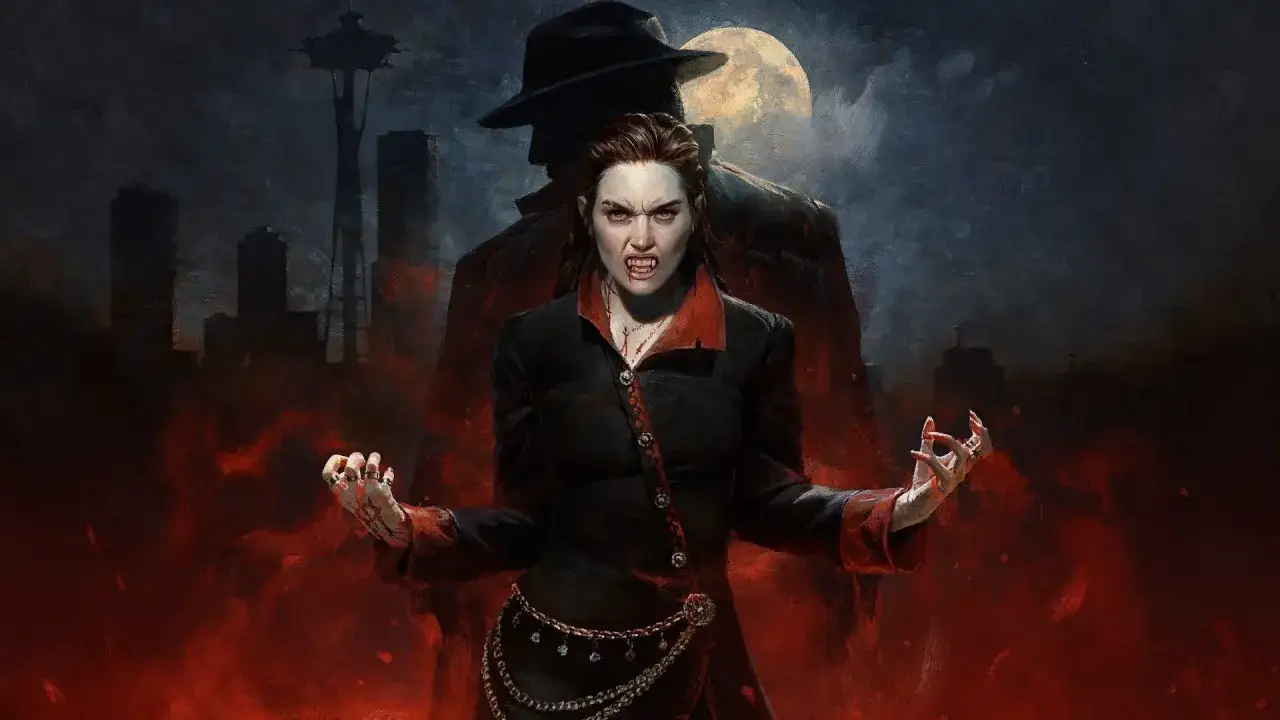 Wampirzyca z kłami i krwią na ustach, w tle nocne miasto i księżyc. Klimat jak z Vampire the Masquerade Bloodlines spolszczenie.