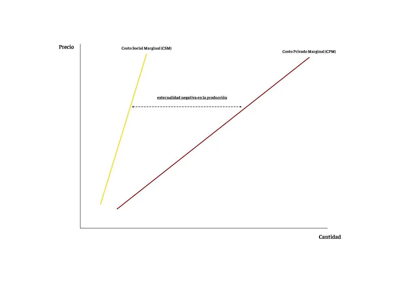 Gr&aacute;fico muestra Costo Social Marginal (CSM) y Costo Privado Marginal (CPM), ilustrando externalidades negativas en la producci&oacute;n.