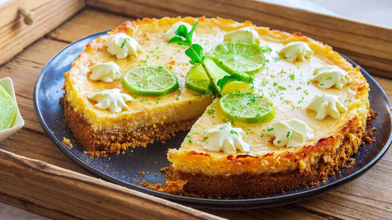 Ein köstlicher Key Lime Pie mit Limettenscheiben und Sahnetupfern, bereit zum Genießen.